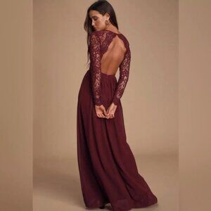 Lulus Awaken My Love Long Sleeve Lace Maxi Dress, Burgundy, Size M